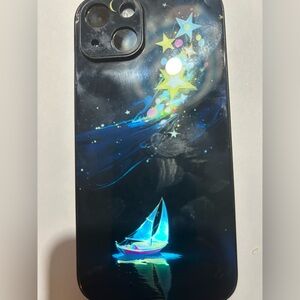 LIGHTED Multicolor Stars Moon & Ship Black Apple IPhone 14 Case
